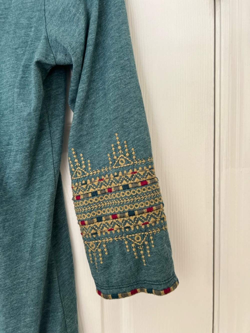 Johnny Was Teal V-Neck Tunic with Multicolor Floral Embroidery - Picture 4 of 6